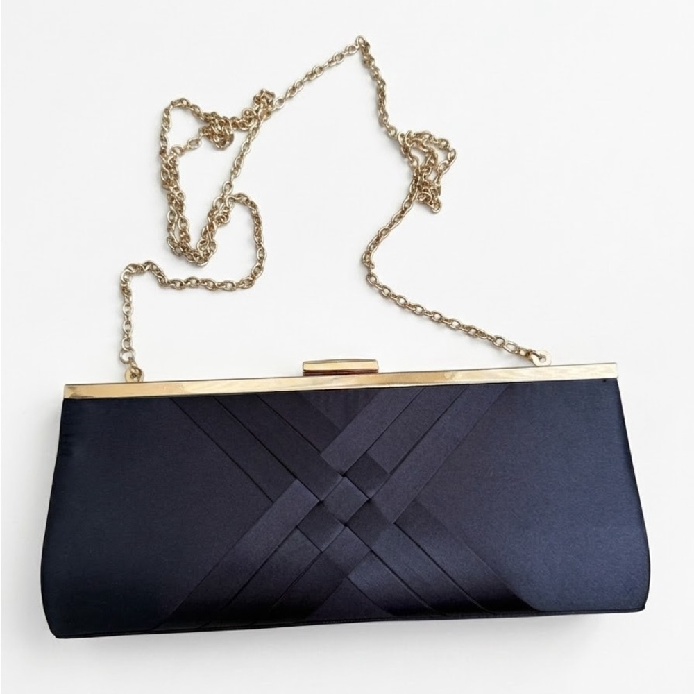 INC International Concepts Kelsie Clutch in Navy Blue Satin - Like New